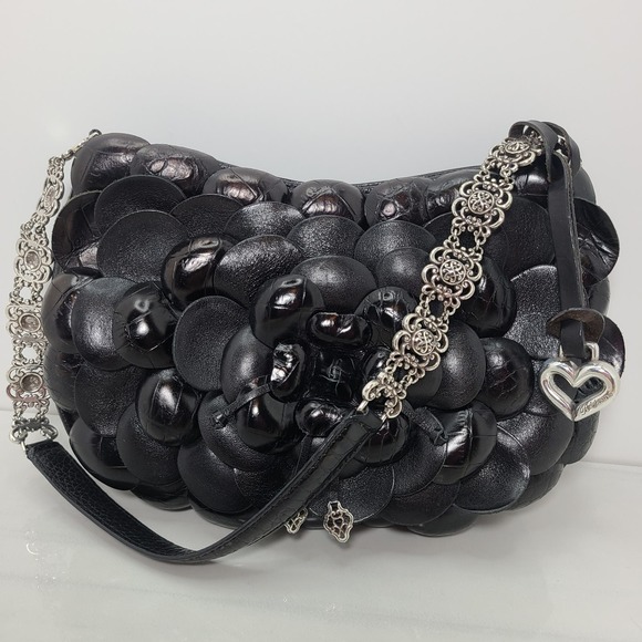 Brighton Handbags - Vintage Brighton Rosalie Black Leather Floral Handbag Purse Silver Ornate Strap